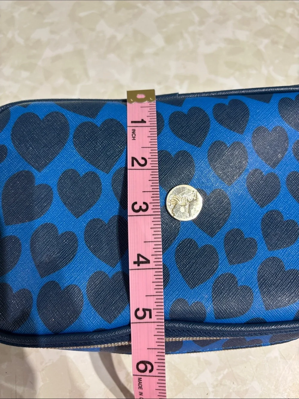 Dabney Lee Multiple Compartment Blue Cosmetic Pouch with Navy Heart Print